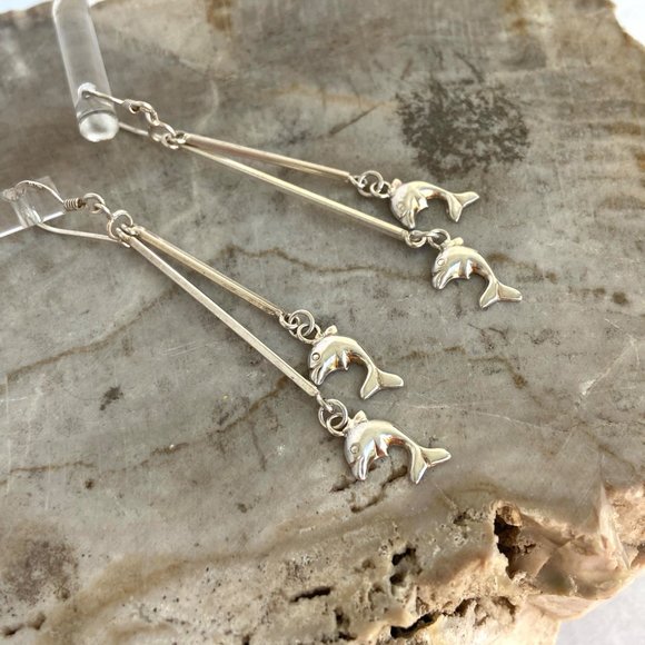 Sterling Silver 925 2.5" Long Bar Dainty Jumping Dolphin Dangle Earrings - Picture 7 of 16